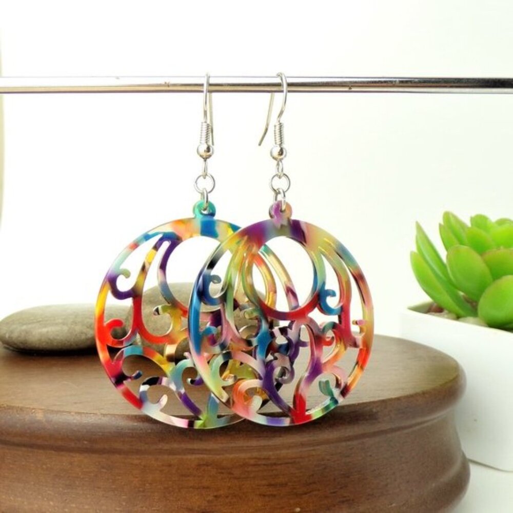 Multi color acrylic filigree disc earrings - so fun! - Picture 4 of 5